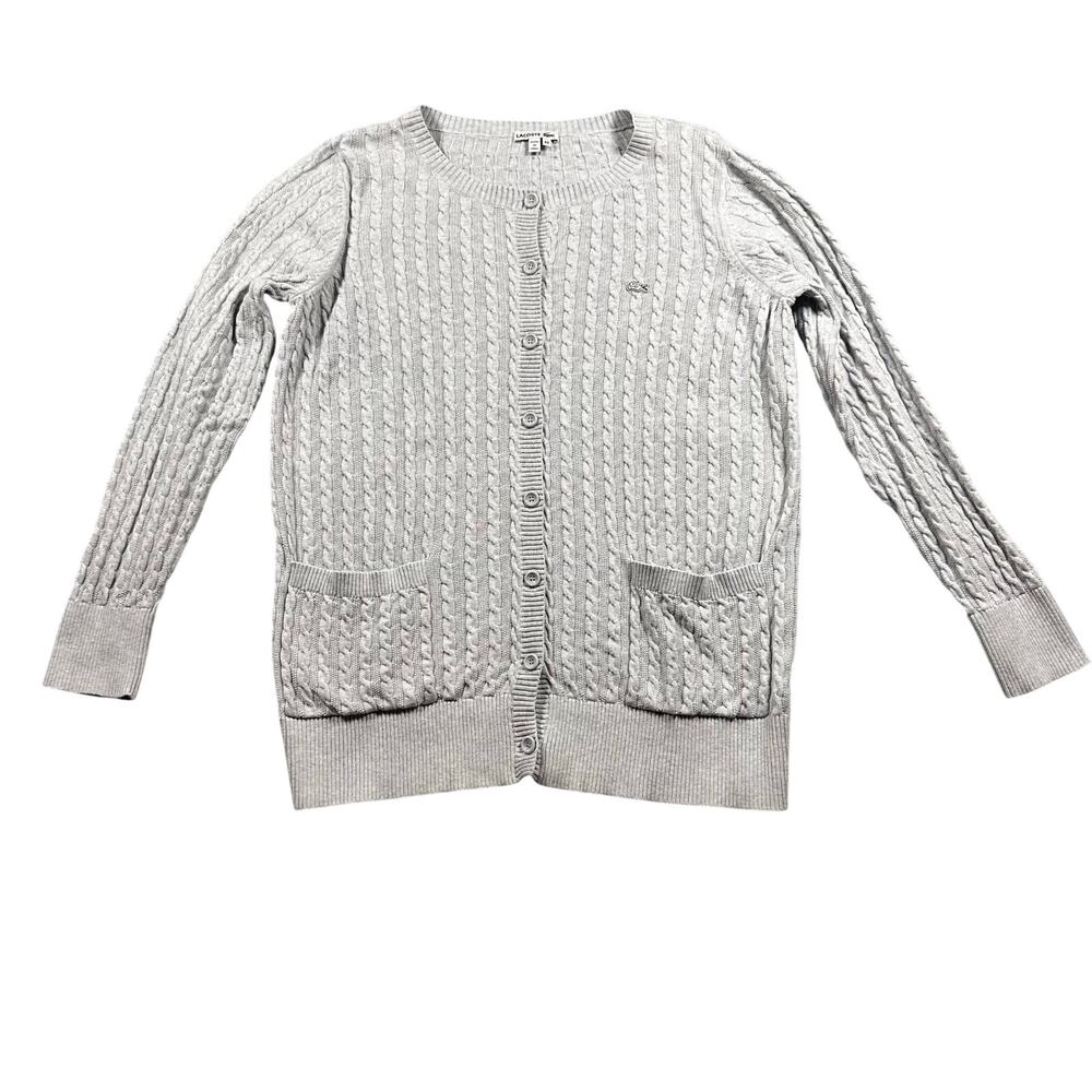Lacoste Cableknit Belted Button Down Cardigan Womens 42 Gray